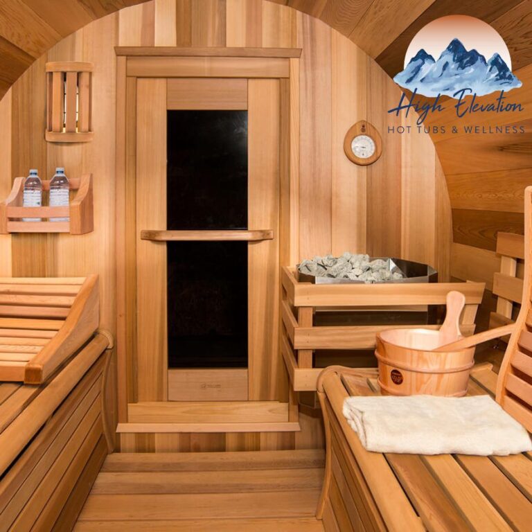 The inside of a sauna with sauna accessories and a traditional sauna heater in the corner.