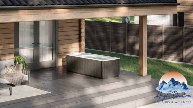 A Kodiak Cold Plunge sitting on a deck in a backyard.